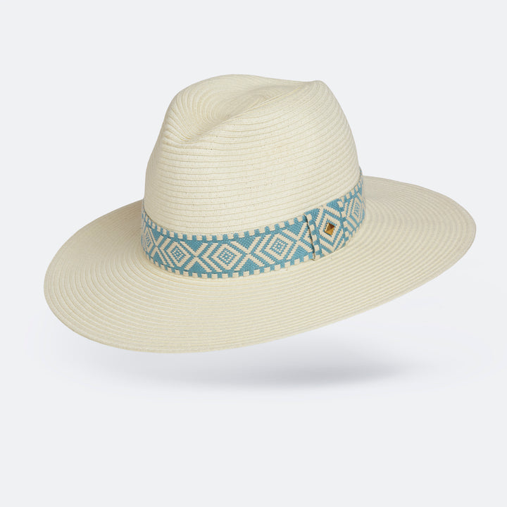Wide Brim Ivory World Traveller - Blue Geometric