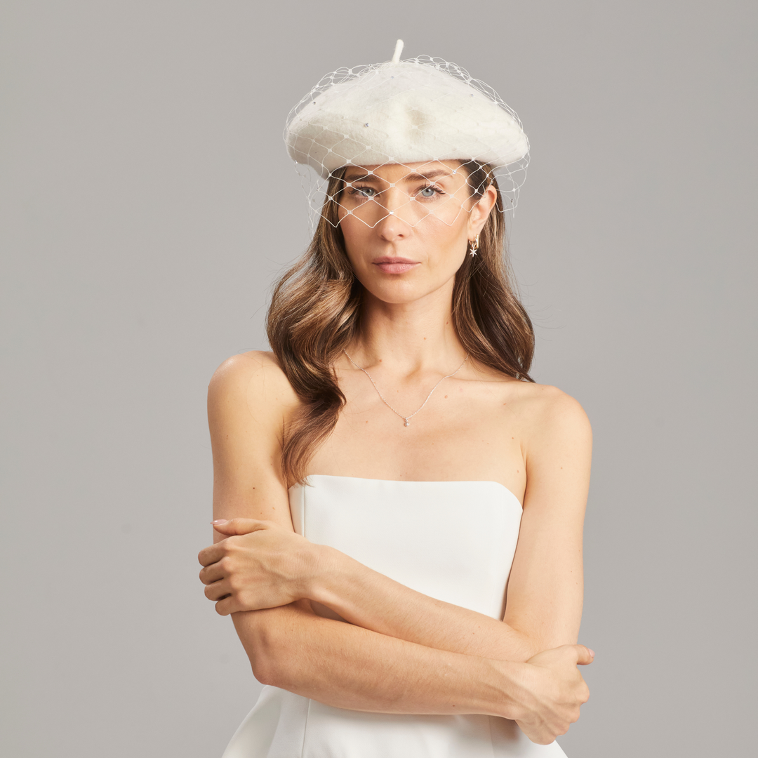 Bobby Beret with Sparkle Veil - White – Jess Collett Milliner Bobby Beret with Sparkle Veil - White – Jess Collett Milliner