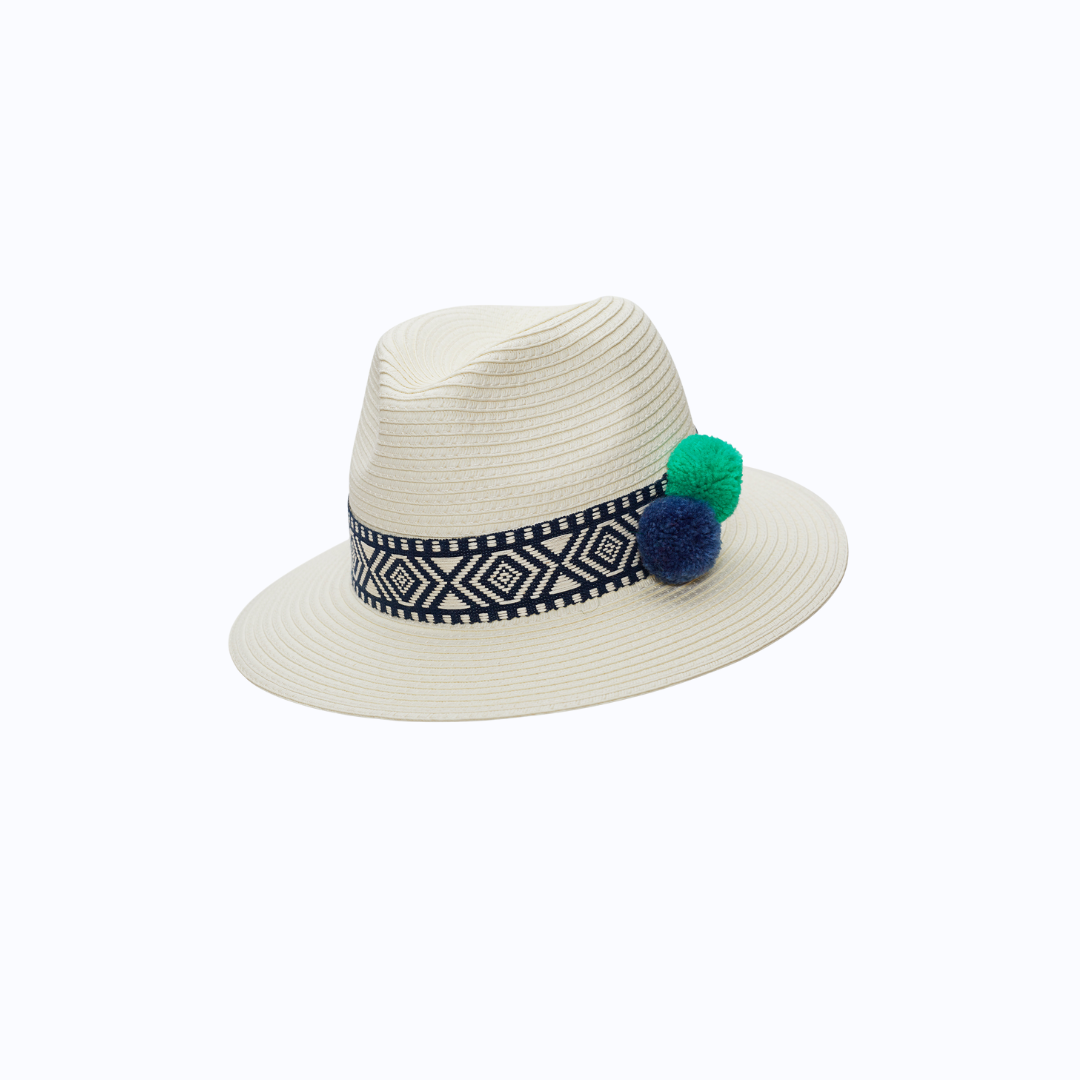 Ivory World Traveller - Navy Geometric with Pompoms