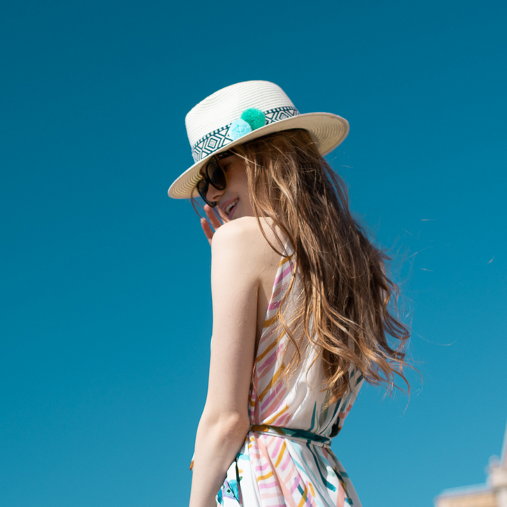 Ivory World Traveller - Navy Geometric with Pompoms