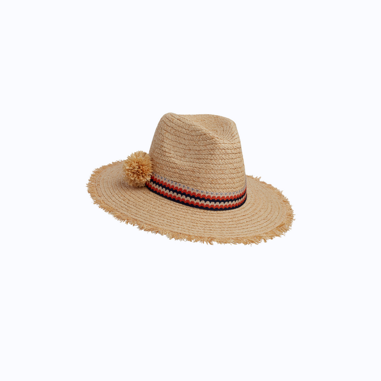 Raffia World Traveller - Ochre/Navy Wave with Pompoms