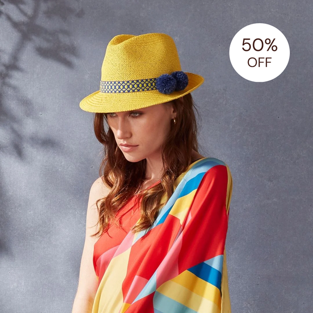 SALE | Toquilla Blaze Panama Trilby - Yellow/Blue