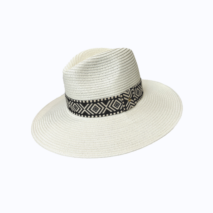 Wide Brim Ivory World Traveller - Black Geometric