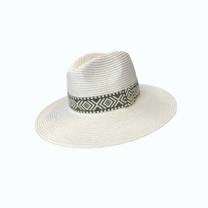 Wide Brim Ivory World Traveller - Olive Geometric
