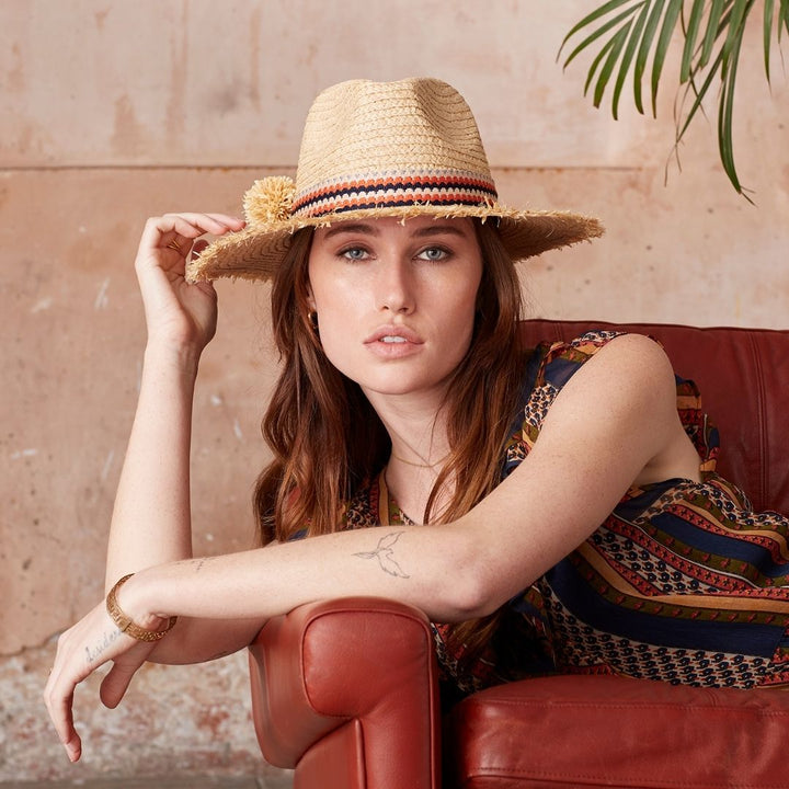Raffia World Traveller - Ochre/Navy Wave with Pompoms
