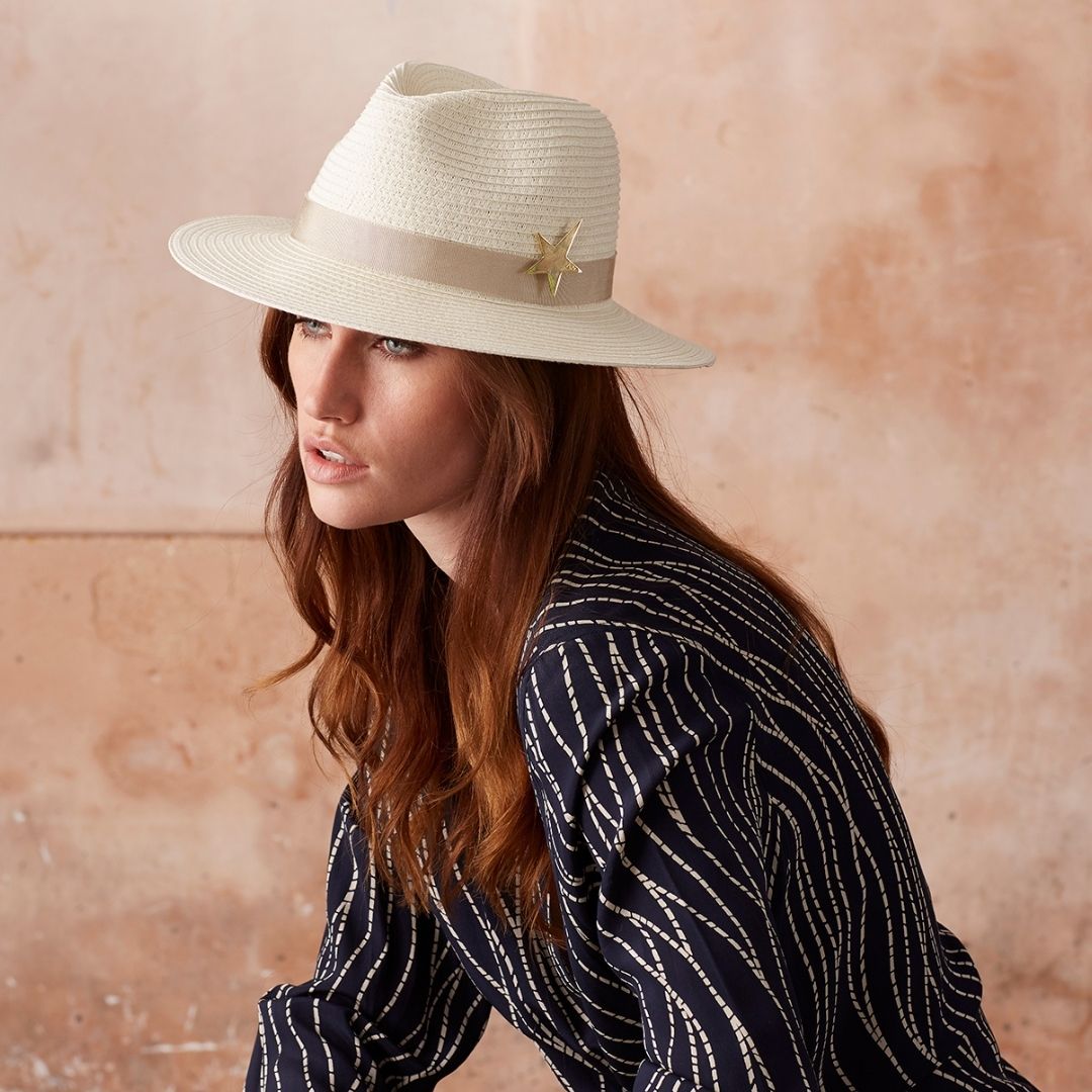Jess Collett Ivory Traveler Hat Sz Small SPF50+ Packable World Traveller Summer Hat | Red Beaded Pendeza | Jess  main image 2