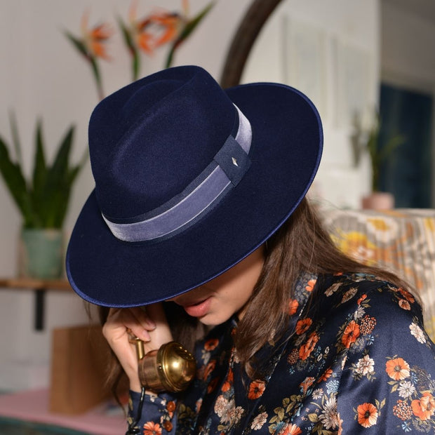 The Golborne Trilby - Navy with Pewter Velvet Band