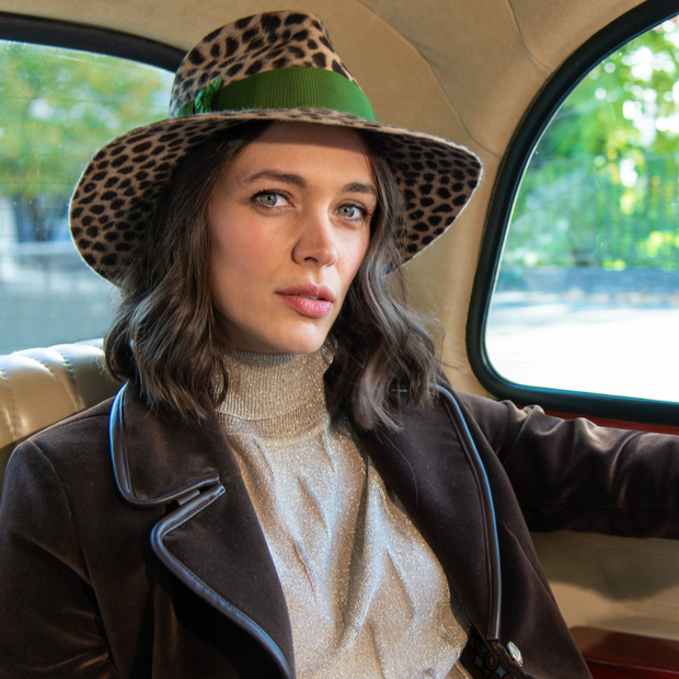 The Brigitte Trilby - Leopard - Green band