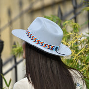 The Pendeza Collection - Golborne Trilby - Baby Blue with Orange/Blue/Navy Beaded Band        Band