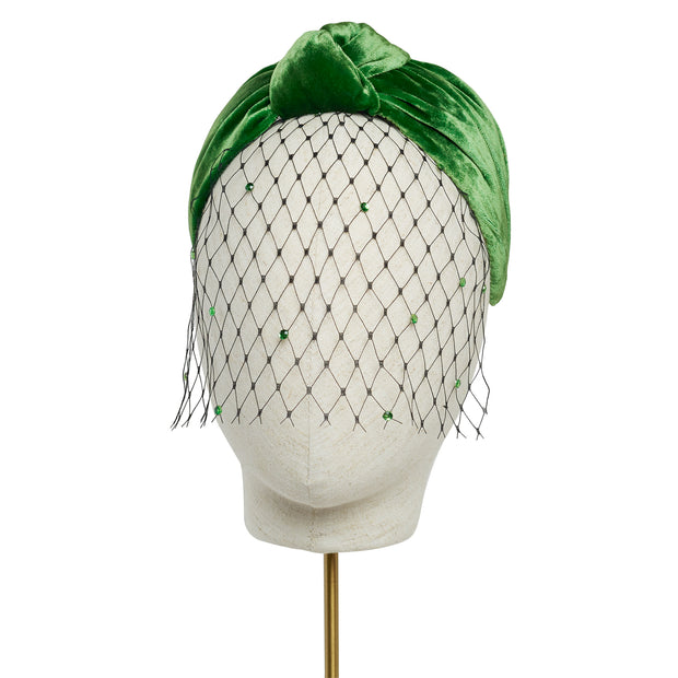 Velvet Turban Band - Emerald Green - Sparkly Black Veil