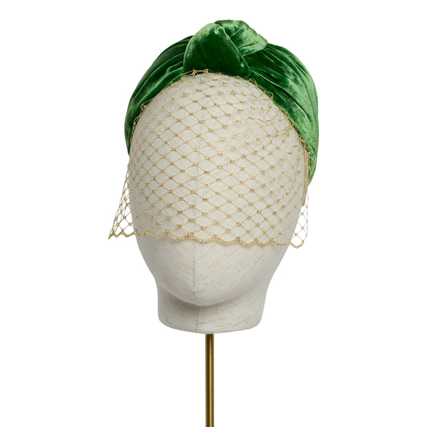 Velvet Turban Band - Emerald Green - Gold Veil